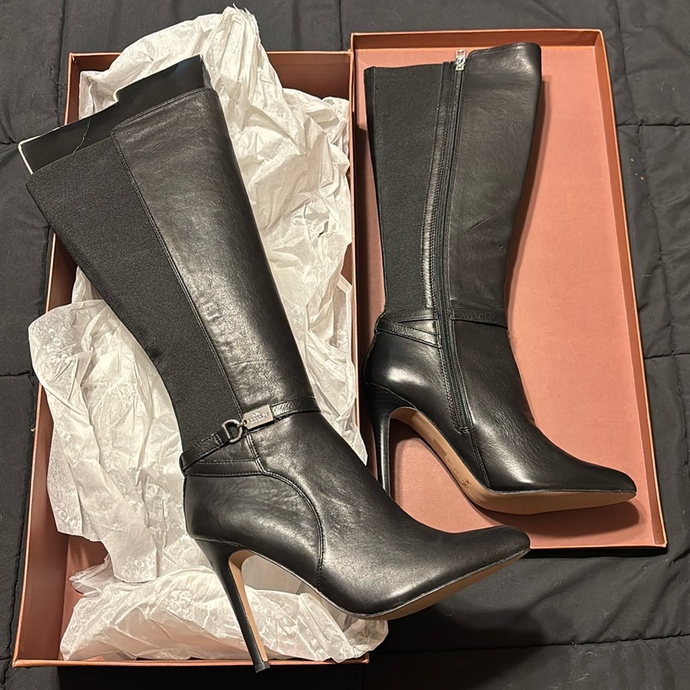 Women's Black Leather Knee-High Stiletto Boots